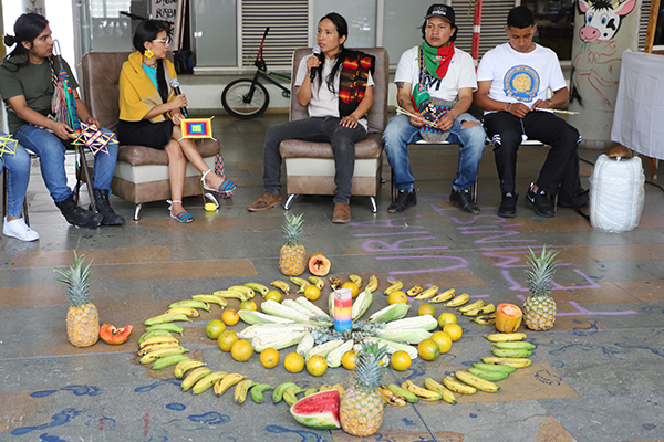 De izquierda a derecha, Daniel Garcés Guegia, del pueblo Nasa; Gladys Puersambud, del pueblo Inga y estudiante de la UNAL; Javier Cañamar Males, del pueblo Kichwua Otavalo de Ecuador; David Ramos Chillan, indígena nasa y Esteban Pillinue Bello, del pueblo Totoró y estudiante de la UNAL. Foto Unimedios.