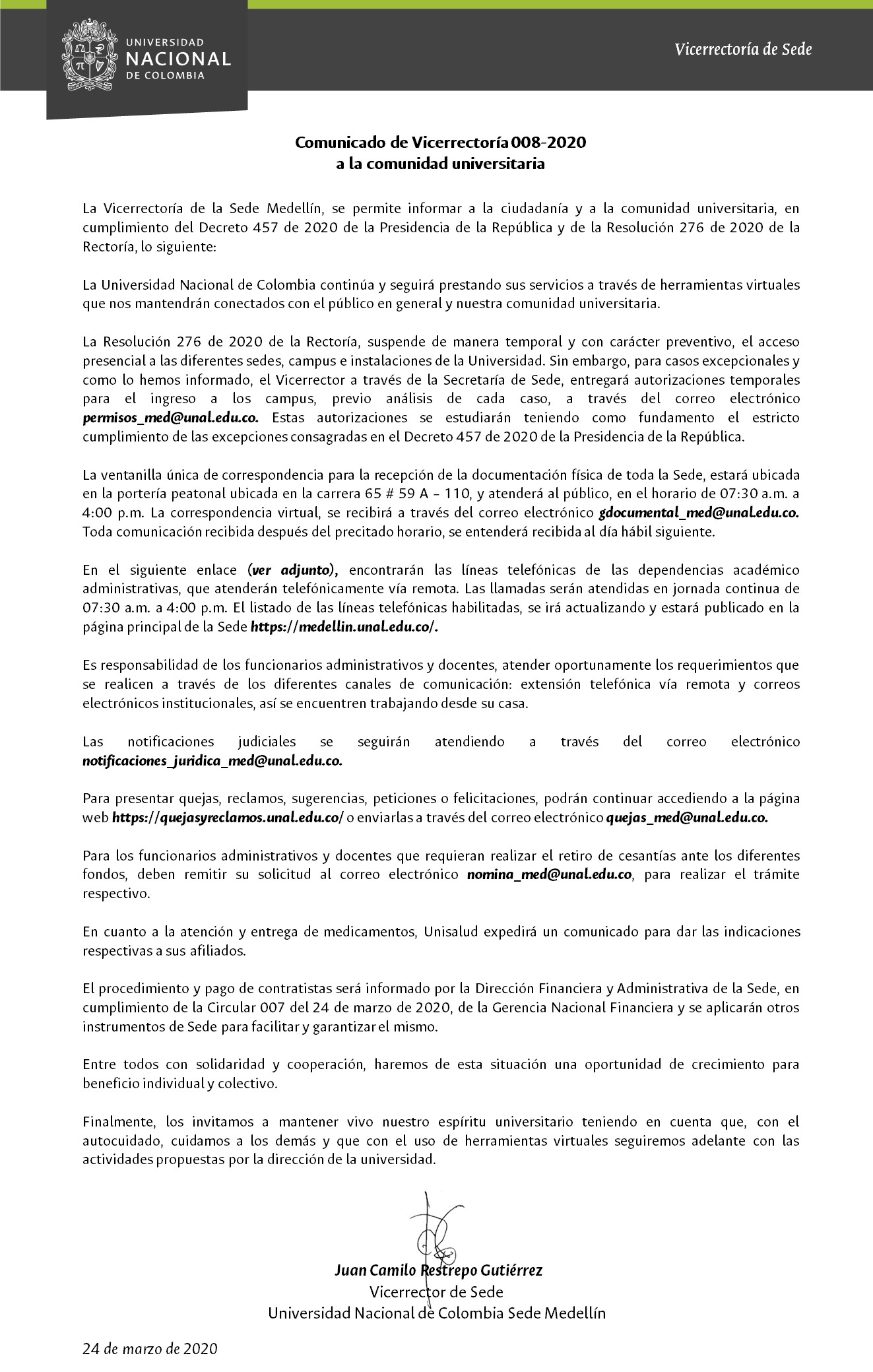 2020 24 03 Comunicado de Vicerrectoria 008 2020