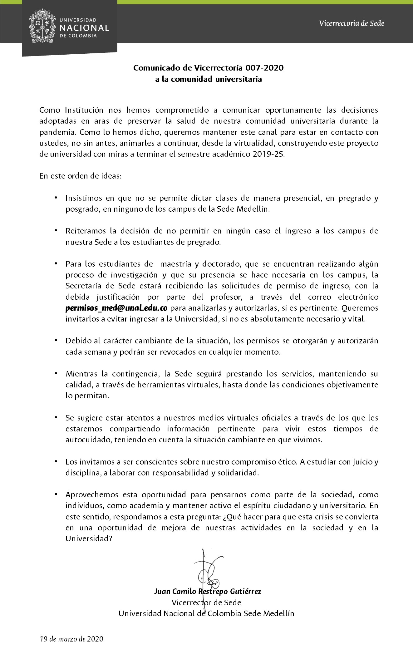 2020 Comunicado de Vicerrectora 007 2020