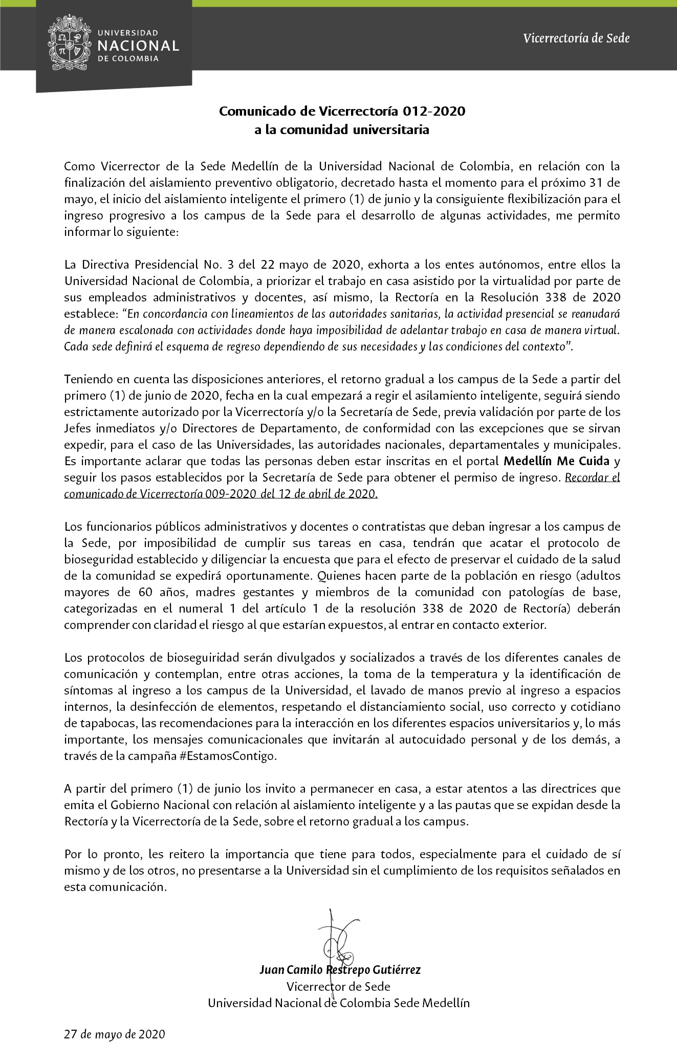 2020 04 12 Comunicado de Vicerrectora 009 2020