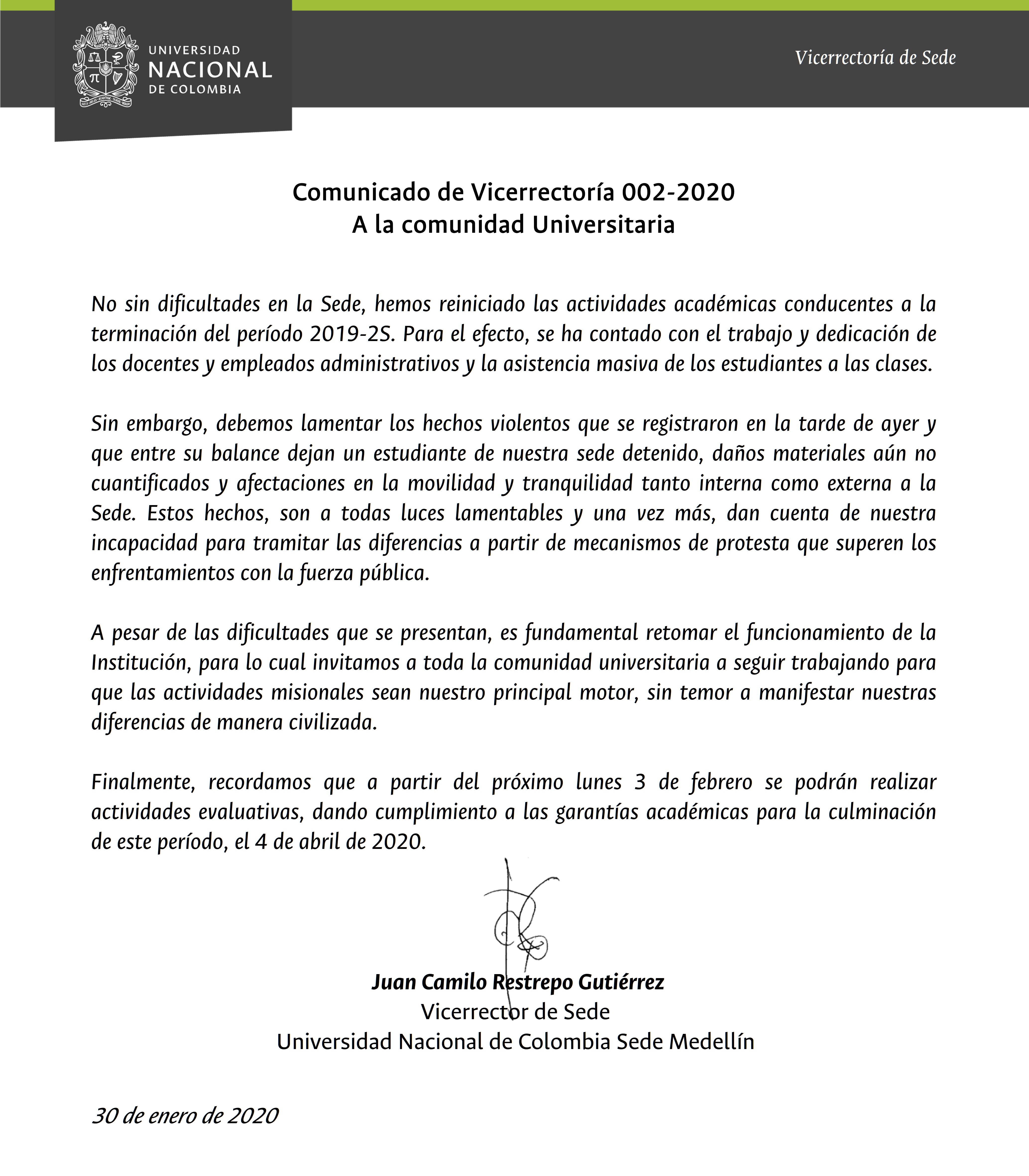 Comunicado Vicerrectoria 002 2020