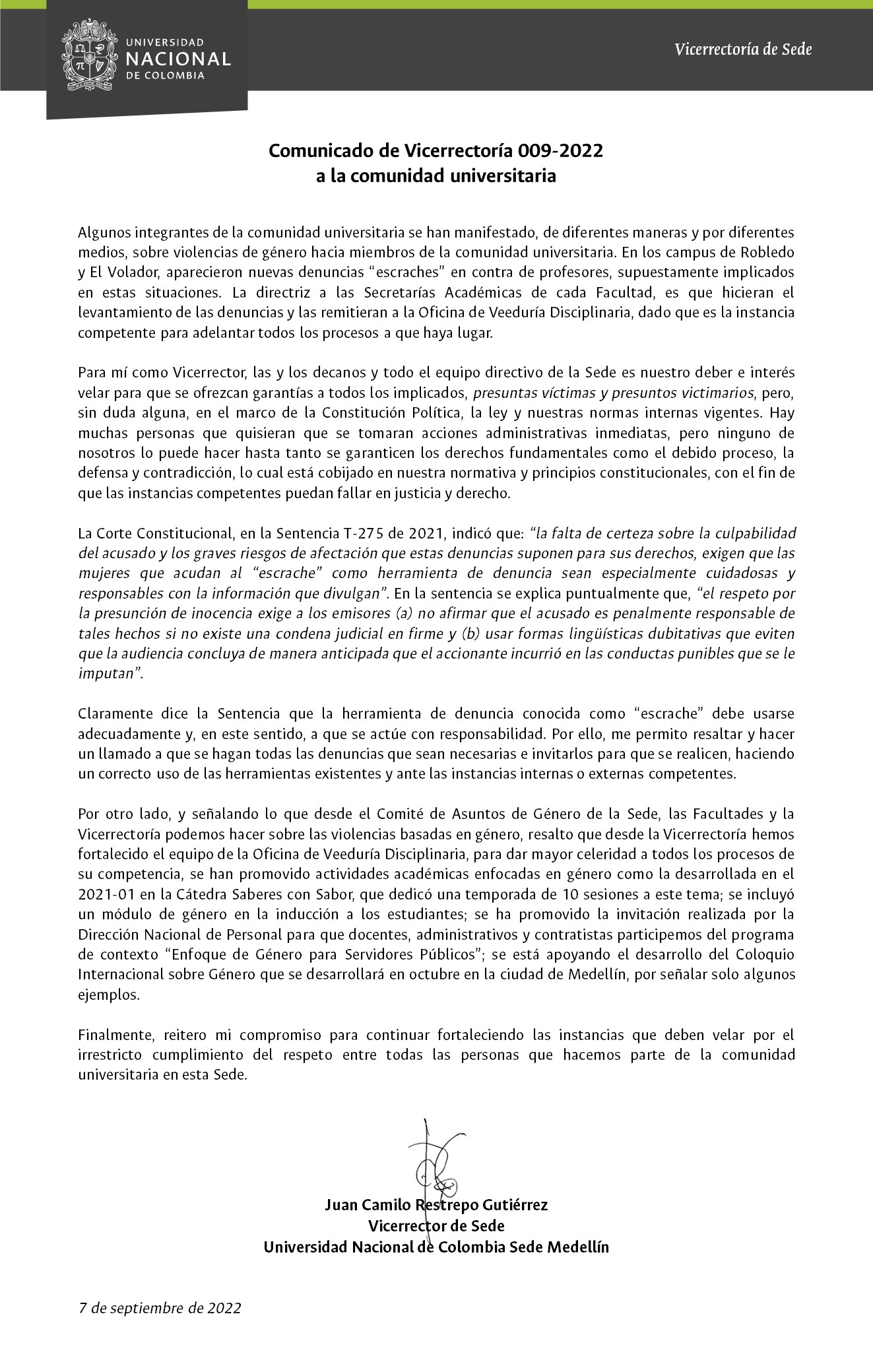 Comunicado 009 de 2022