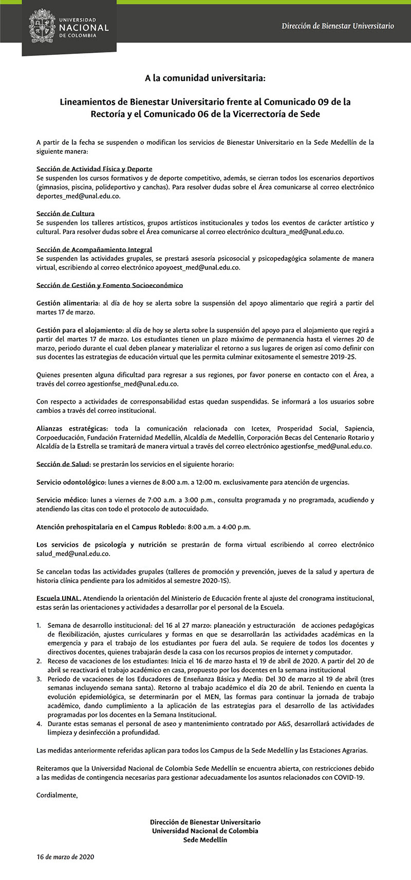 2020 03 16 Lineamientos Bienestar Universitario