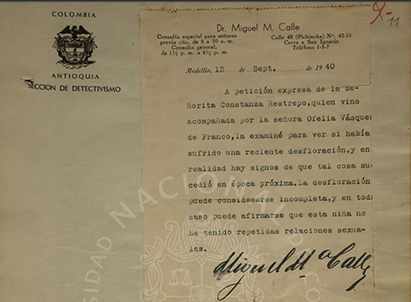 A Constanza le practicaron un examen de desfloramiento. Foto: Laboratorio de Fuentes Históricas de la UNAL Medellín.
