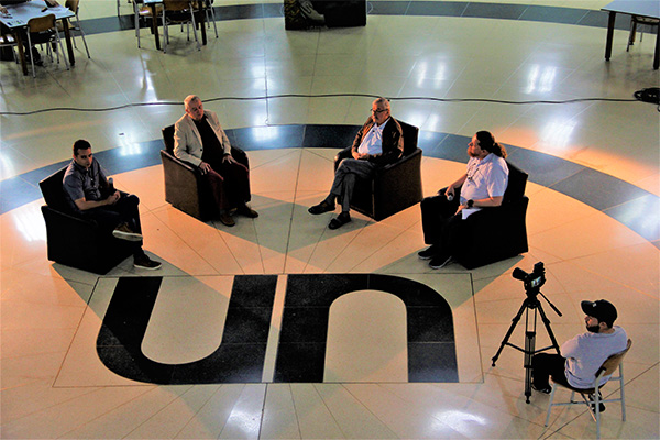 Conversatorio 40 años del Museo Micológico. De izquierda a derecha: Mauricio Andrés Osorio Lema; Pablo Cuartas Céspedes; Víctor Manuel Pardo Cardona y Mauricio Salazar Yepes. Foto: Unimedios.