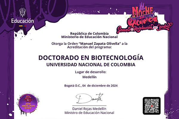 El MEN entregó un certificado como este a cada programa académico exaltado. Imagen cortesía de la Facultad de Ciencias de la UNAL Medellín.